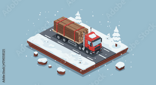 Isometric winter cargo truck on snowy road with pine trees and logs in scenic landscape