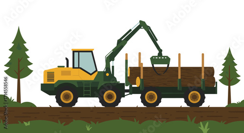 Forestry truck hauling logs in flat style forest scene with evergreen trees
