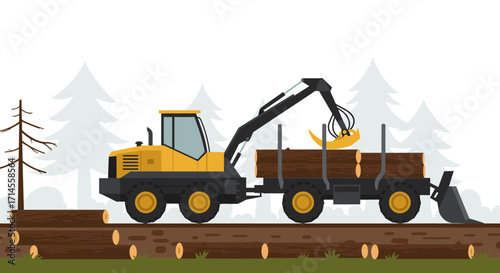 Flat style logging truck loading logs in forest setting with trees