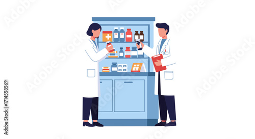 Pharmacists organizing medications in a modern pharmacy setting
