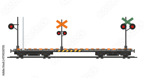 Minimalist train crossing with signal lights and barriers on white background