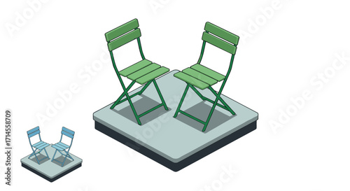 Isometric design of green and blue chairs on a platform