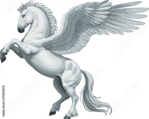 Elegant Pegasus Rearing with Feathered Wings in Grayscale – Mythical Winged Horse Vector for Fantasy, Divine, and Inspirational Art Themes