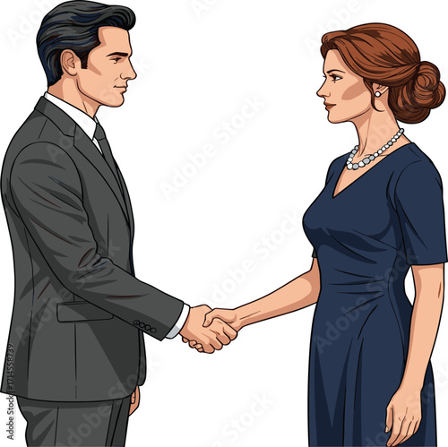 Elegant handshake, business agreement, formal attire, professional interaction, partnership moment, navy dress, corporate gesture, mutual respect, deal, collaboration