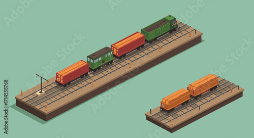 Isometric train wagons on tracks with minimalistic design