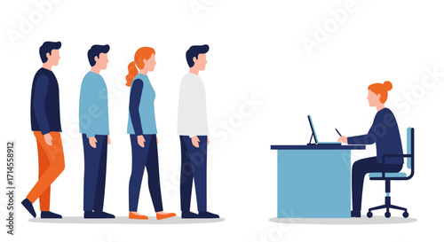 People waiting in line for job interview in office setting