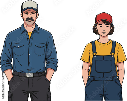 Farm workers, casual outfit, denim overalls, rural lifestyle, laborers, agriculture, teamwork, standing pose, workwear, diversity, outdoor, field, farming, portrait, male characters, 
