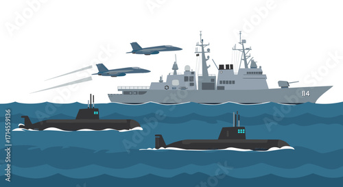 Naval fleet operation with warships, submarines, and fighter jets in motion on ocean waves