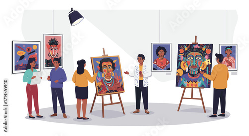 Art gallery visitors admire colorful abstract paintings in modern exhibition space
