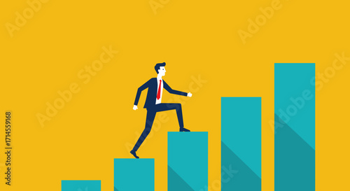 Businessman climbing bar graph: growth and success concept in flat design