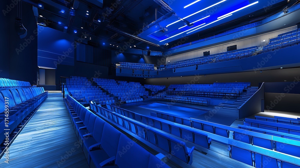 Fototapeta premium Theatre auditorium seating blue lighting stage performance venue concert hall event space interior design