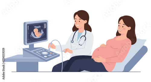 Pregnancy checkup: doctor performing ultrasound for expectant mother in medical office