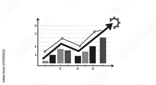 Monochrome bar and line chart with growth arrow and gear symbol