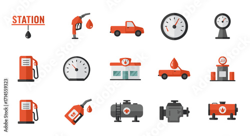 Flat icons of fuel station elements with gas pumps, cars, and gauges