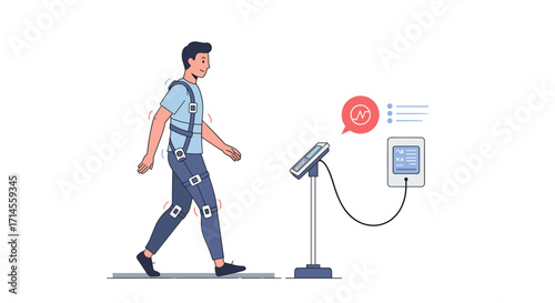 Man walking in motion capture suit analyzing data with digital interface