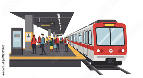 Modern metro station with train and passengers awaiting departure