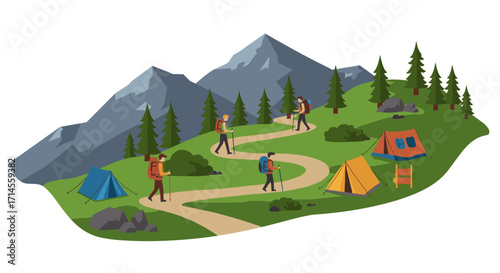 Flat design hiking scene with campers in mountain landscape