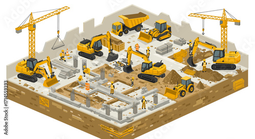 Isometric construction site with heavy machinery and workers in action