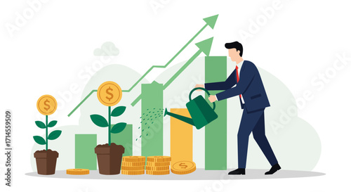 Business growth concept with watering and financial success in flat design