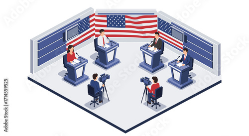 Political debate in modern studio setting with flag background