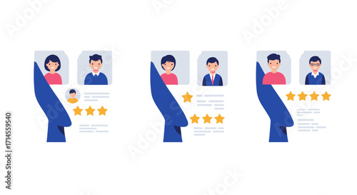 Flat design recruitment process with candidate profiles and rating system