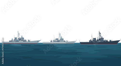 Naval ships on ocean horizon in flat design vector