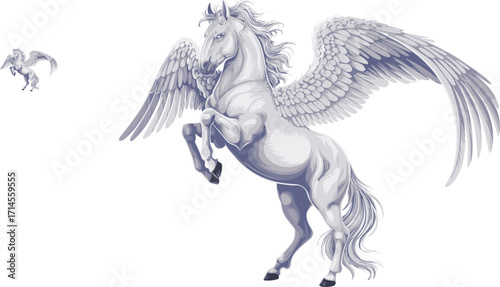 Majestic Pegasus Rearing with Wings Spread in Monochrome Fantasy Style – Mythical Winged Horse Vector for Magical and Ethereal Themes