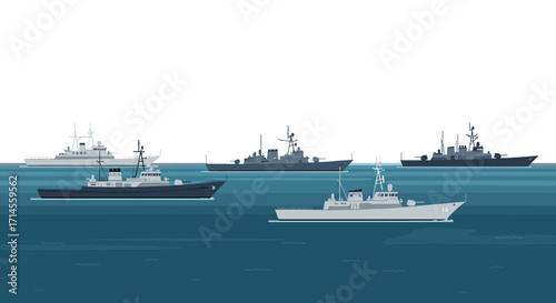 Flat design naval fleet on ocean horizon with warships and destroyers