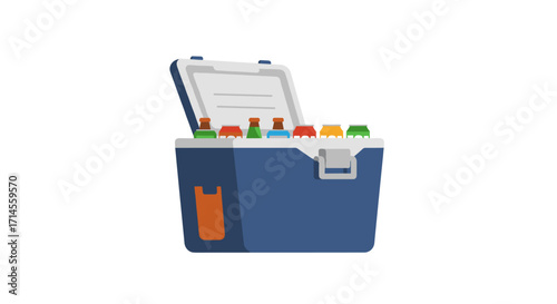 Cooler box with assorted beverage bottles on white background