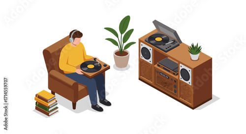 Cozy vinyl listening setup with retro turntable and speaker system in living room setting