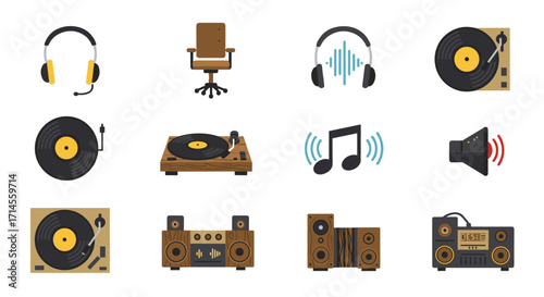 Retro music and audio equipment icons set in flat design