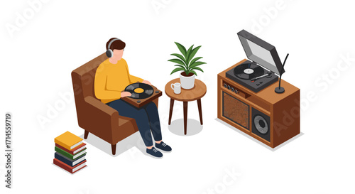 Isometric scene of a man listening to vinyl records in a cozy living room setting