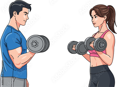 Fitness training, gym workout, bicep curl, strength exercise, healthy lifestyle, active people, dumbbell lifting, muscle building, sportswear, motivation