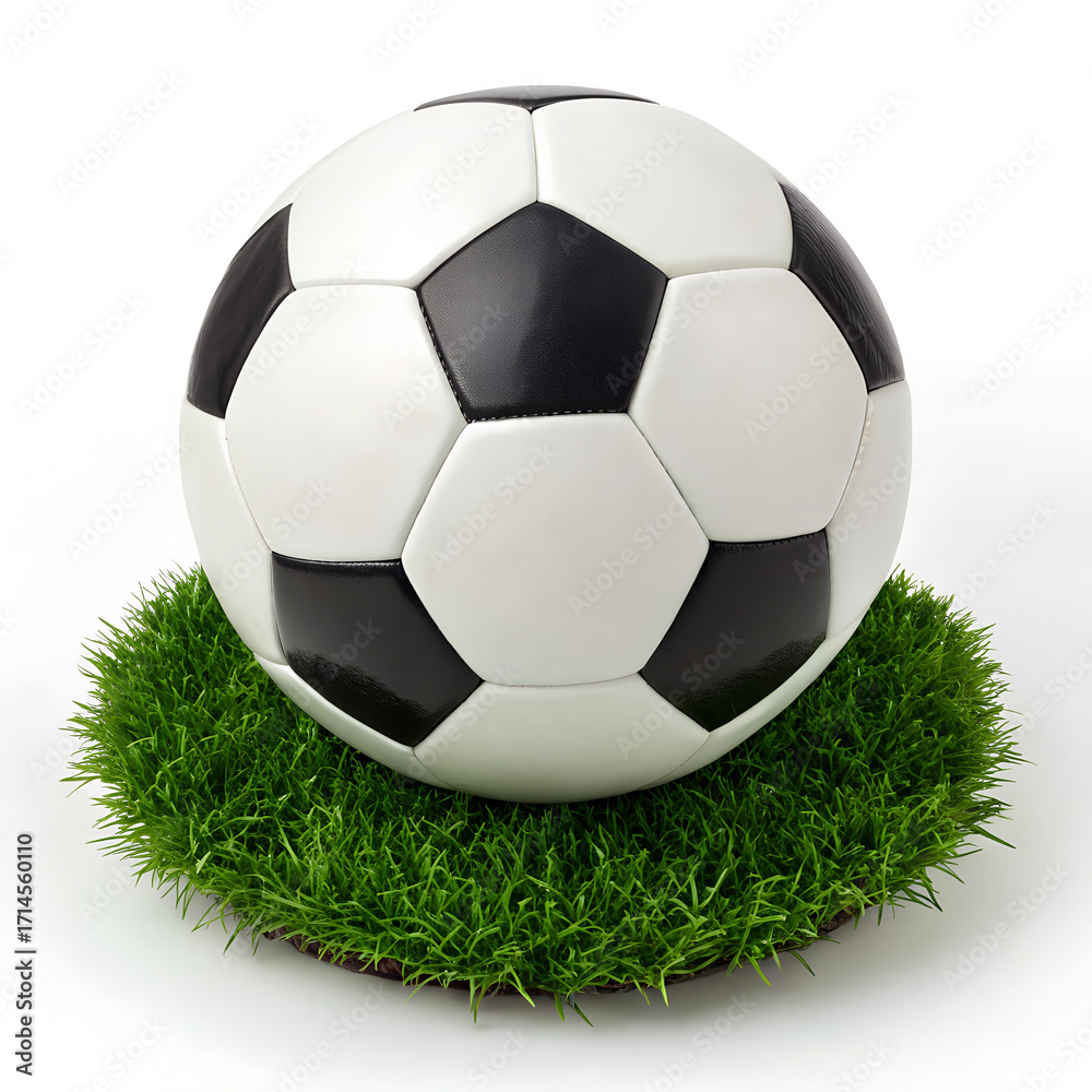 Obraz premium Soccer ball resting on green grass on white background studio shot