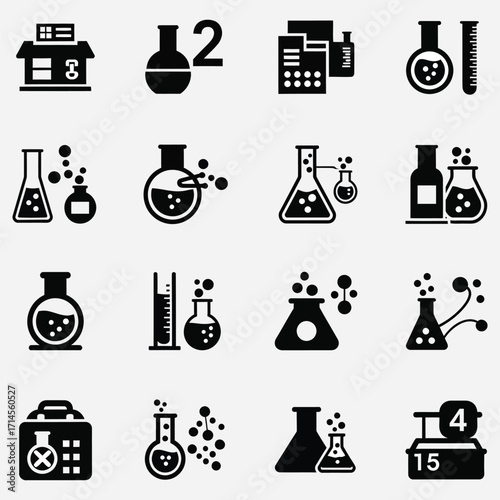 Collection of chemical laboratory icons and symbols representing science experiments and research