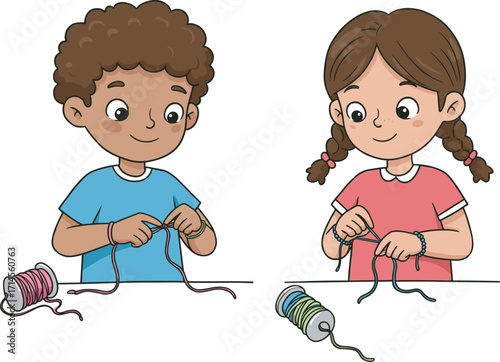 Happy children making friendship bracelets with beads, colorful threads, creative craft activity, handmade jewelry, fun learning, teamwork, art, childhood creativity