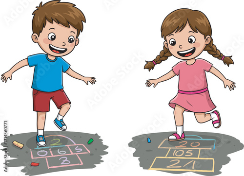 Happy children playing hopscotch game outdoors with chalk, active kids activity, fun exercise, childhood playtime, street games, healthy lifestyle, teamwork