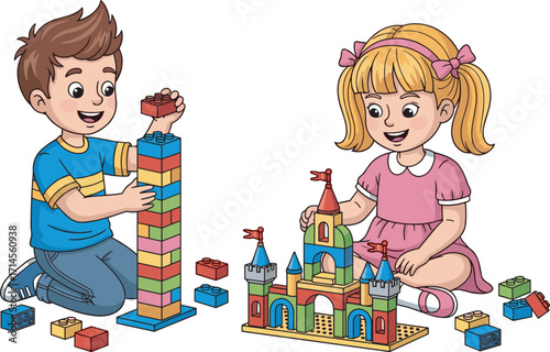 Happy children playing with colorful building blocks, constructing tower and castle, creative kids activity, fun learning, teamwork, imagination, childhood development