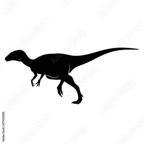 Silhouette of a bipedal dinosaur, a prehistoric reptile, running across a white background.