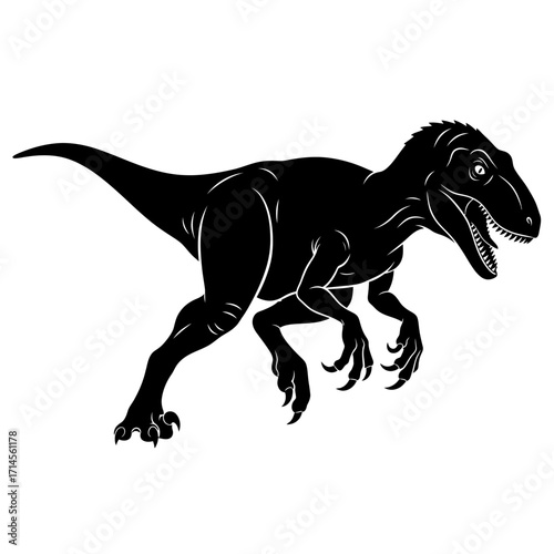 Black silhouette of a fierce raptor dinosaur in a dynamic, predatory stance, isolated on a white background.