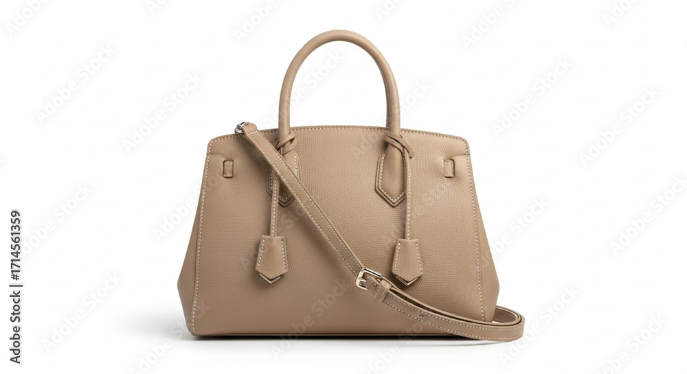 Naklejka premium A stylish, neutral-toned handbag with top handles and a shoulder strap, isolated on white.