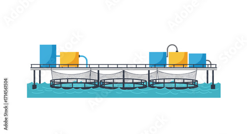 Modern aquaculture facility with fish farming nets and processing equipment