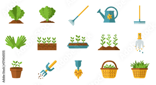 Gardening tools and plants in flat design: watering cans, seedlings, and more