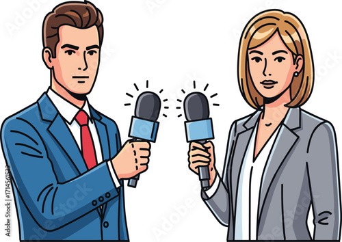 Journalism illustration, media reporting scene, professional interview setup, public speaking concept, microphone usage, news communication, press coverage, broadcast teamwork