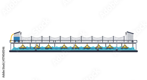 Modern fish farming facility with netting and water pumps in flat design