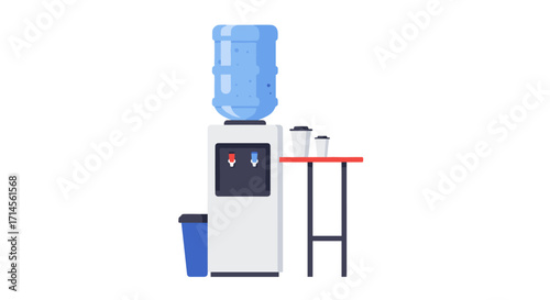 Office water dispenser with cups on table and recycling bin in flat design