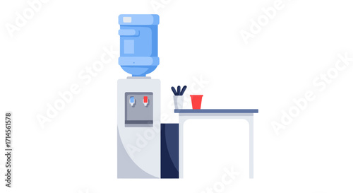 Office water cooler and desk with cup: minimalist workplace design