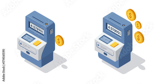 Isometric atm kiosk with floating currency icons on white background