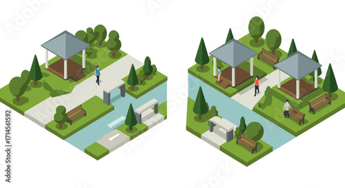 Isometric park scene with pathways, trees, and benches