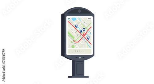 Digital kiosk with city map display and location pins